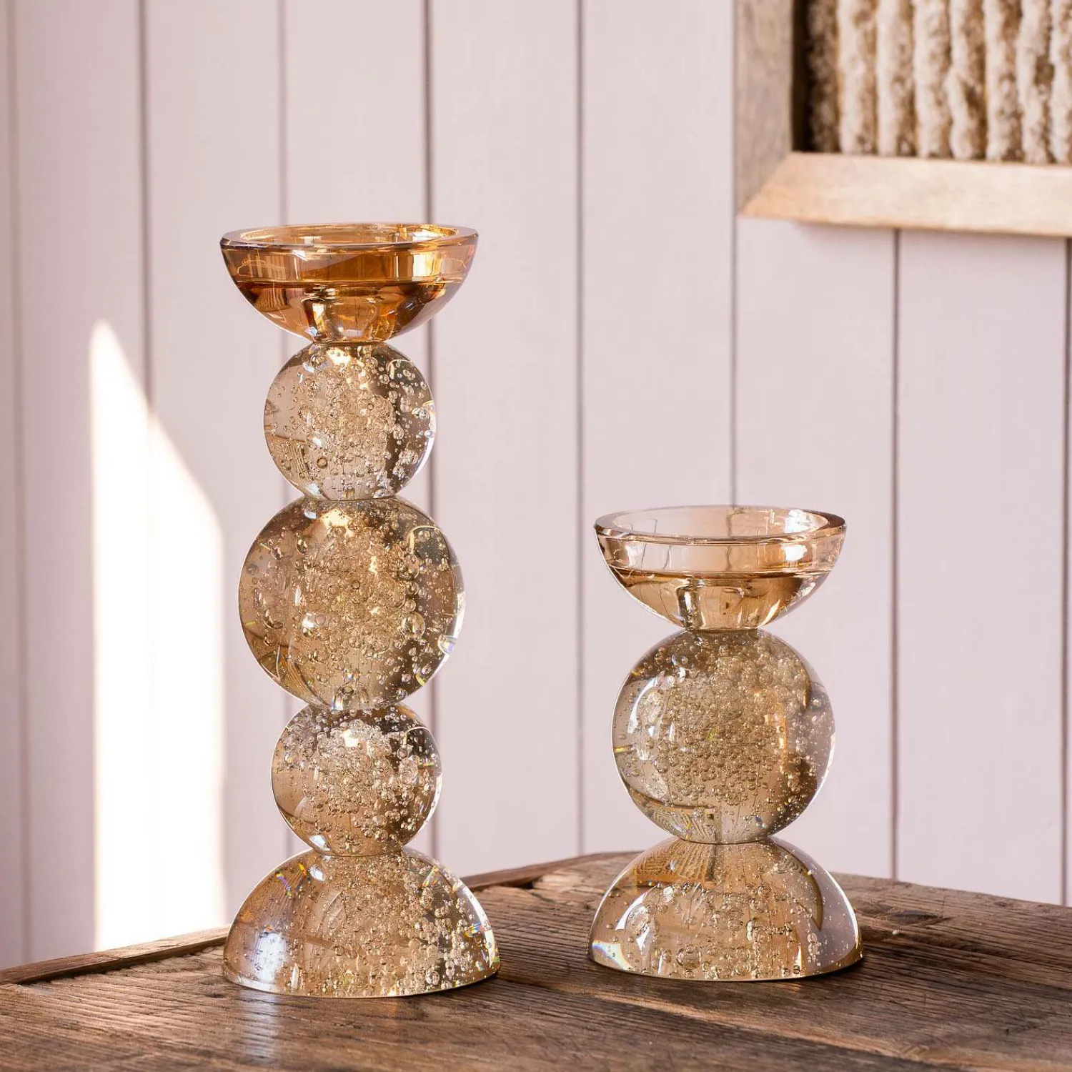 Graham & Green Amber Bubble Glass Candle Holders