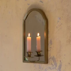 Graham & Green Antiqued Brass Wall Mirror with Candle Sconce