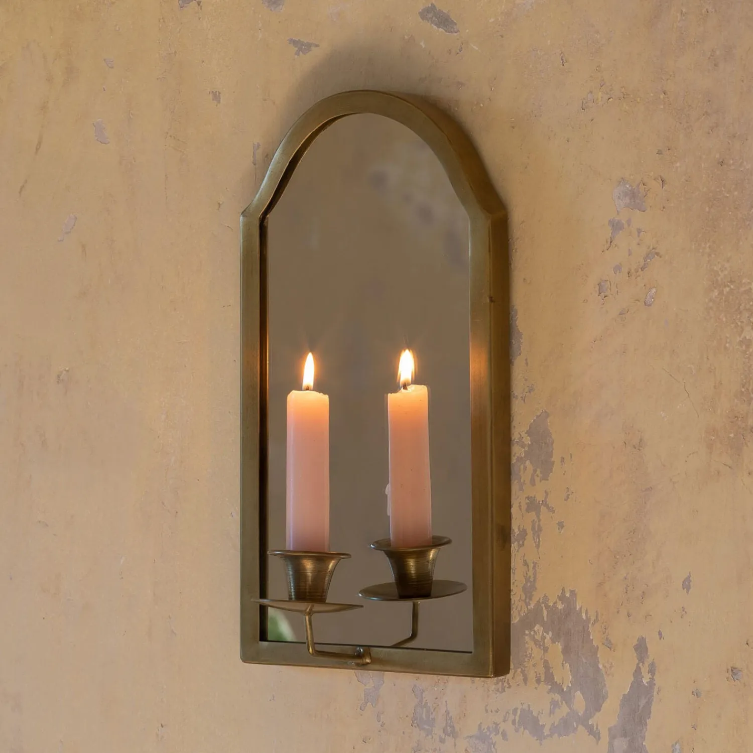 Graham & Green Antiqued Brass Wall Mirror with Candle Sconce