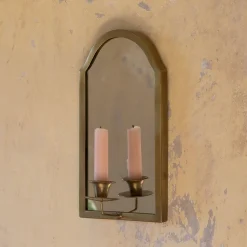 Graham & Green Antiqued Brass Wall Mirror with Candle Sconce