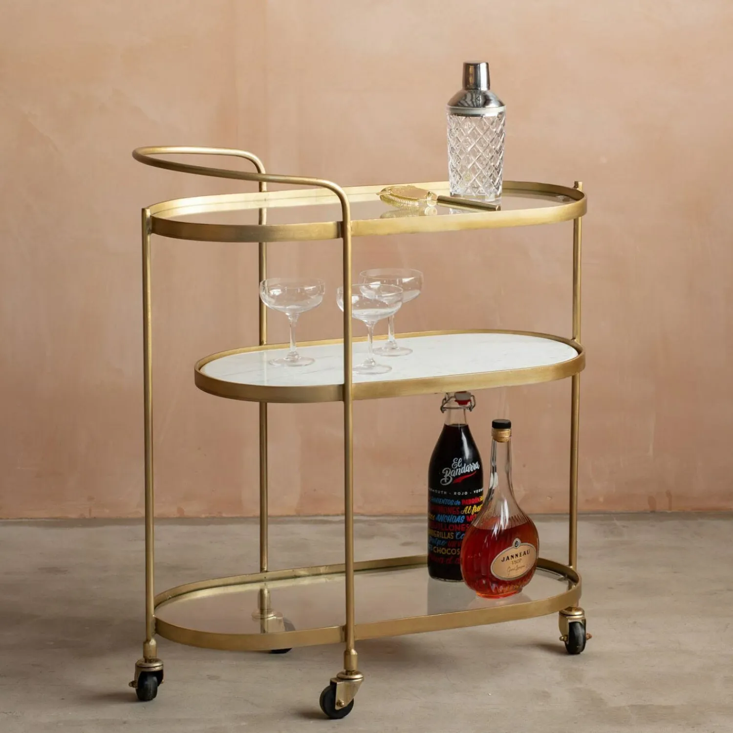 Graham & Green Beau Drinks Trolley with White Marble and Glass Shelves