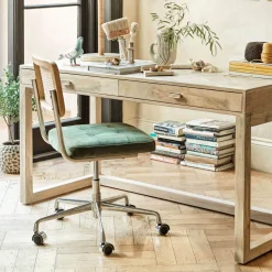 Graham & Green Bilbury Moss Green Velvet and Rattan Desk Chair