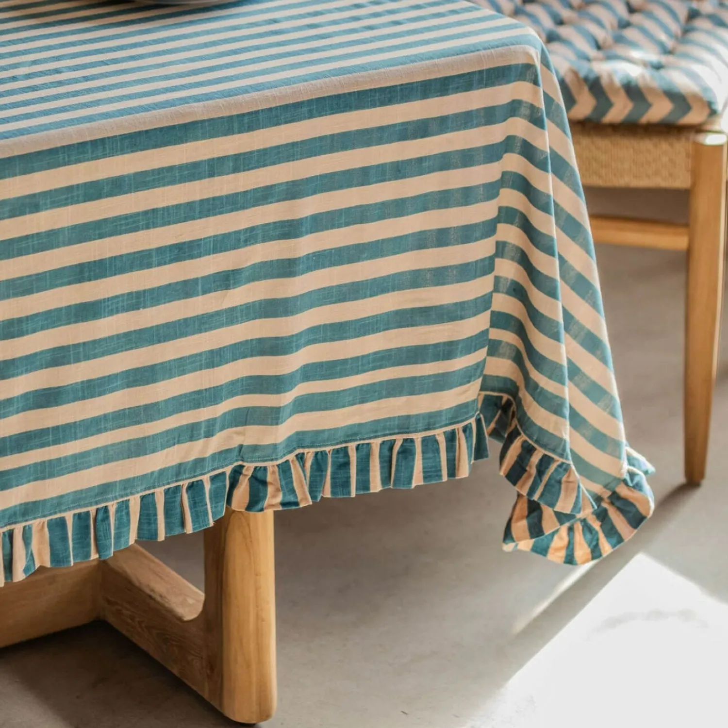 Graham & Green Blue Candy Stripe Frill Tablecloths