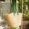Graham & Green Blue Leather and Natural Woven Palm Shopper Bag