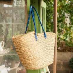 Graham & Green Blue Leather and Natural Woven Palm Shopper Bag