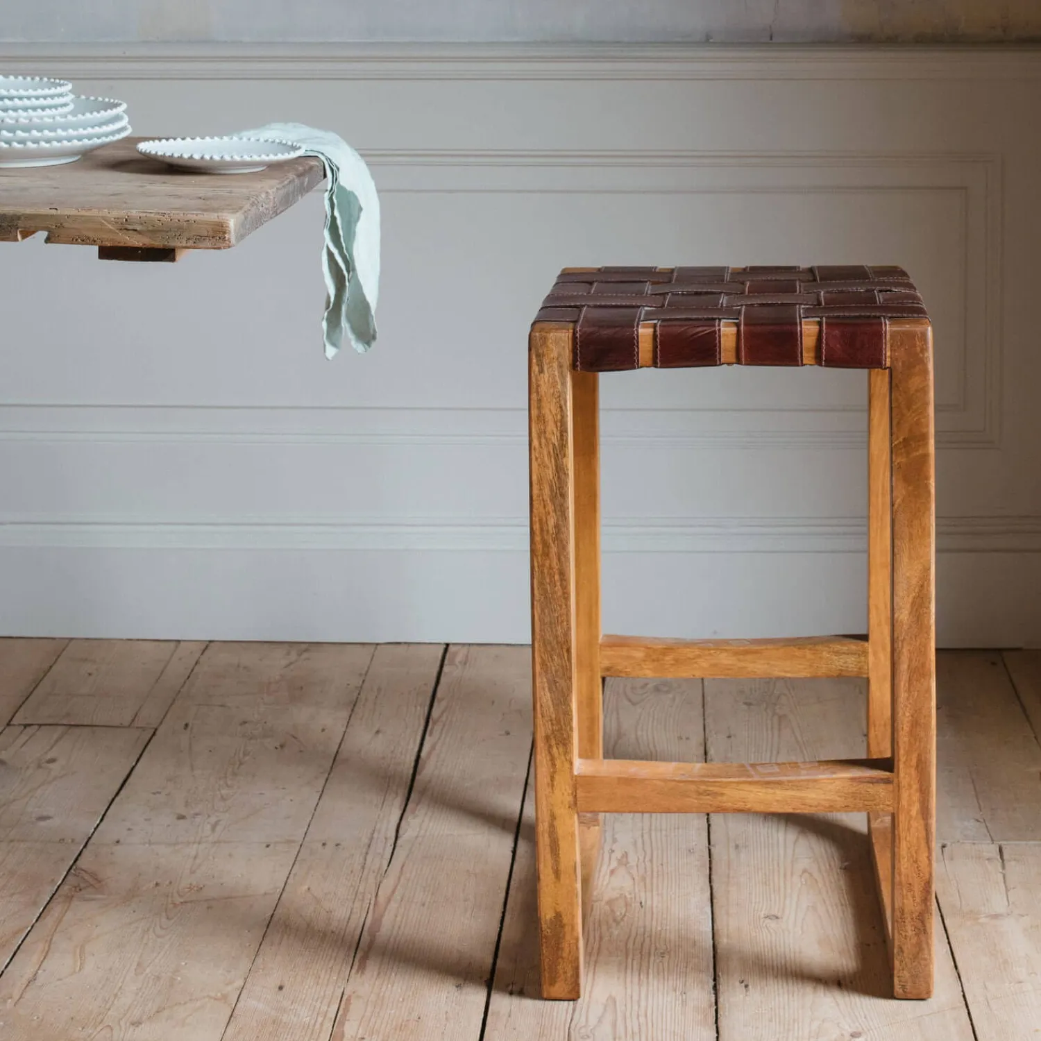Graham & Green Chester Woven Leather Kitchen Stool