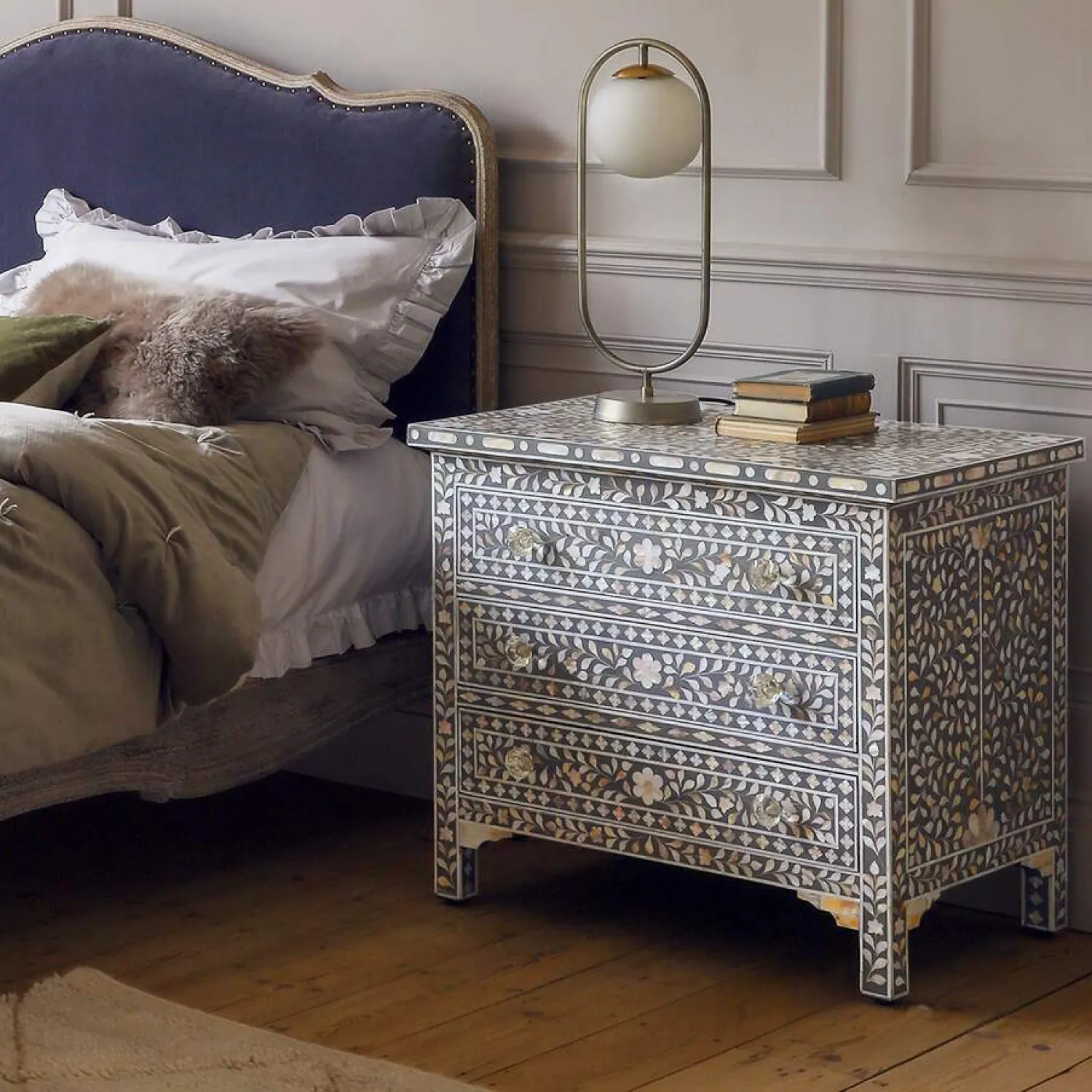Graham & Green Classic Grey Mother of Pearl Large Bedside Table