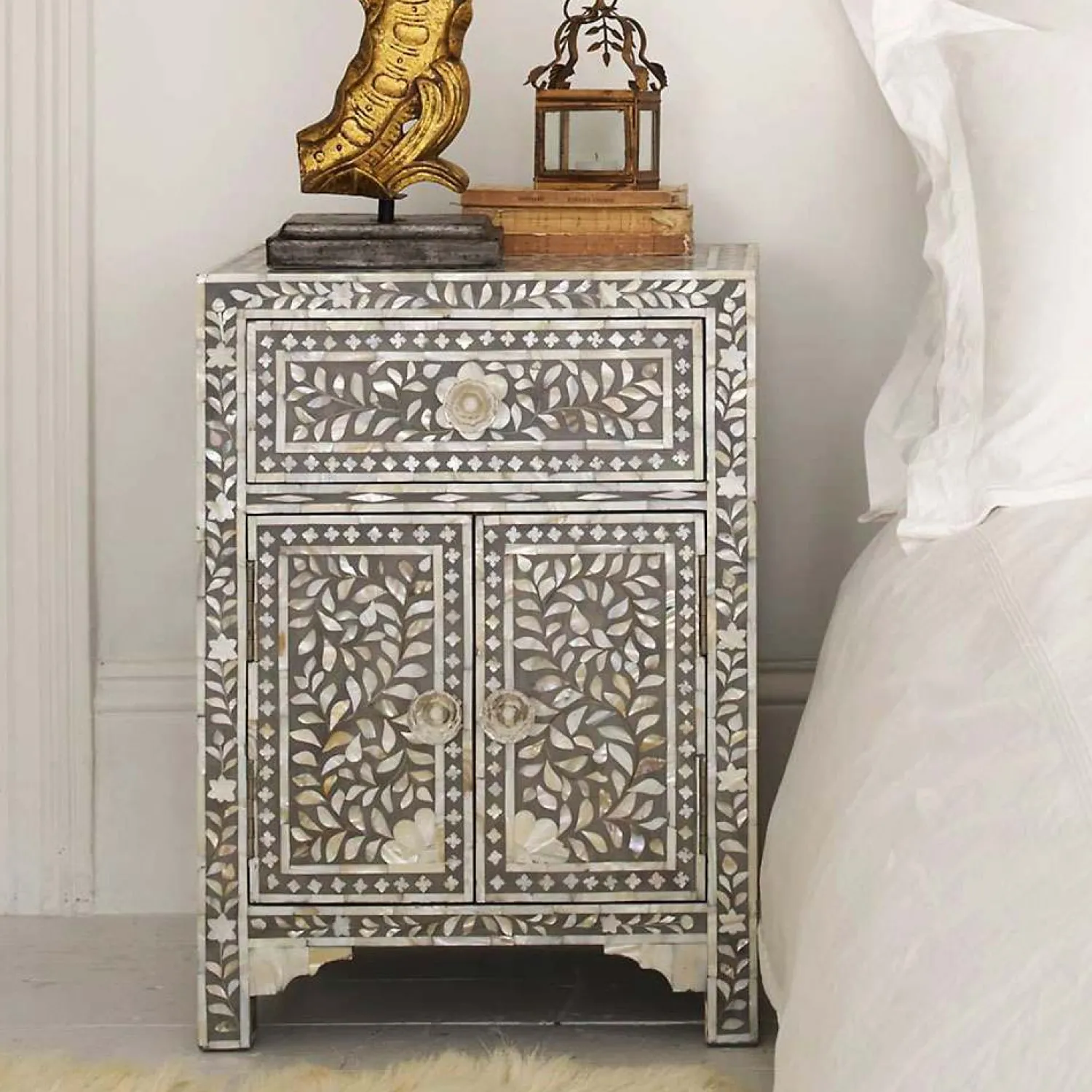 Graham & Green Classic Grey Mother of Pearl Bedside Table