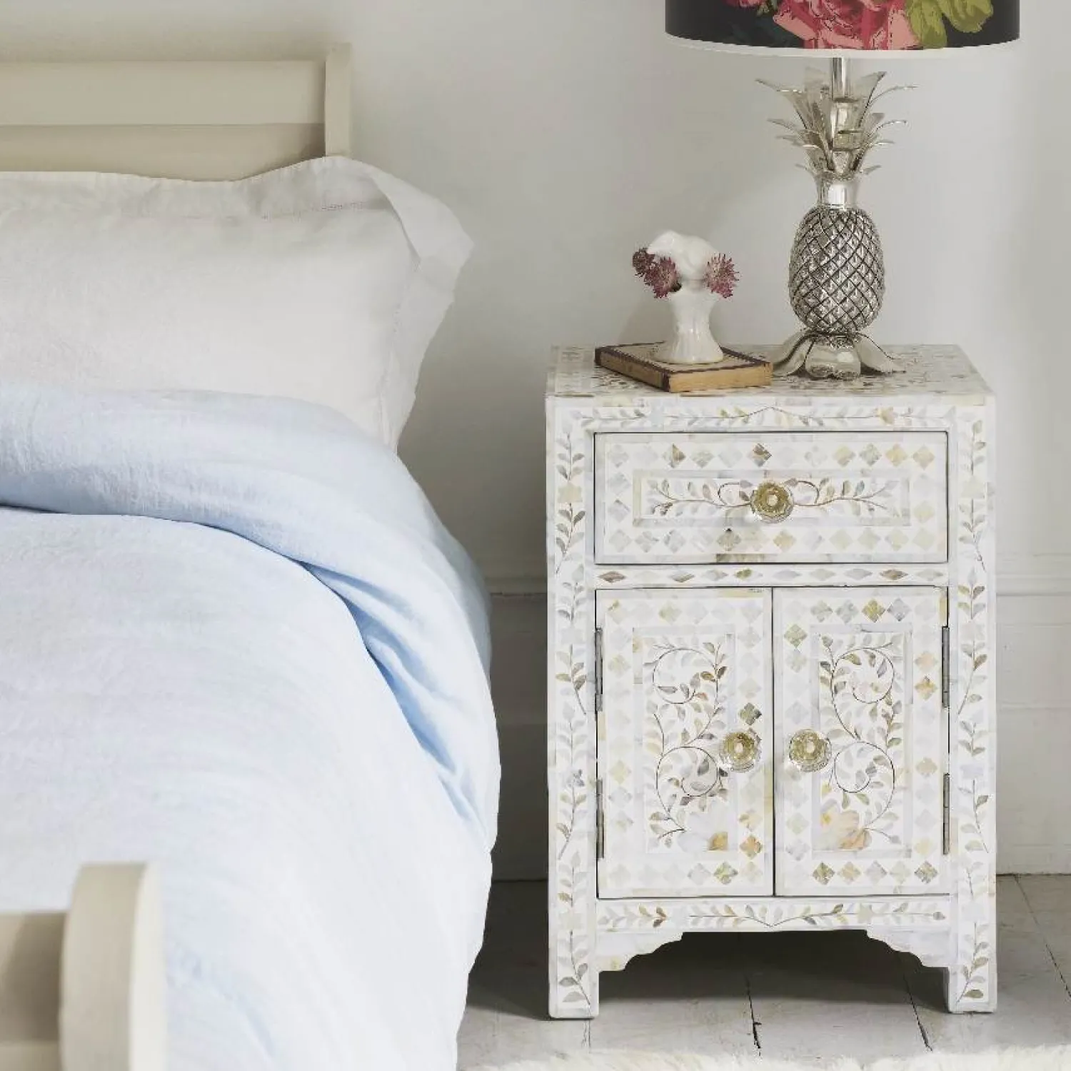 Graham & Green Classic White Mother of Pearl Bedside Table