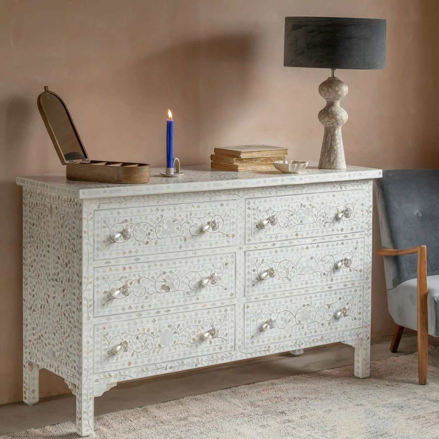 Graham & Green Classic White Mother of Pearl Small Double Chest of Drawers