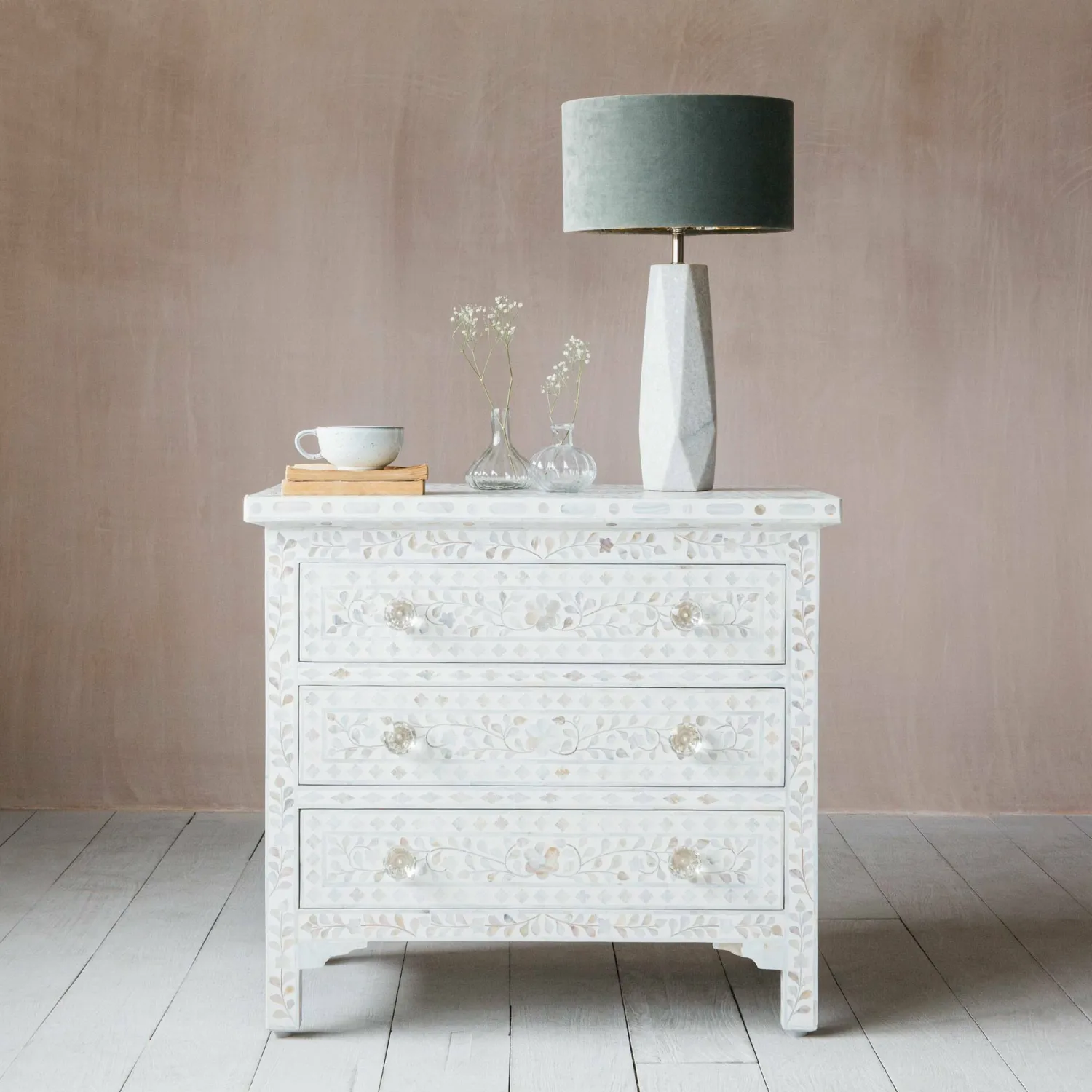 Graham & Green Classic White Mother of Pearl Large Bedside Table