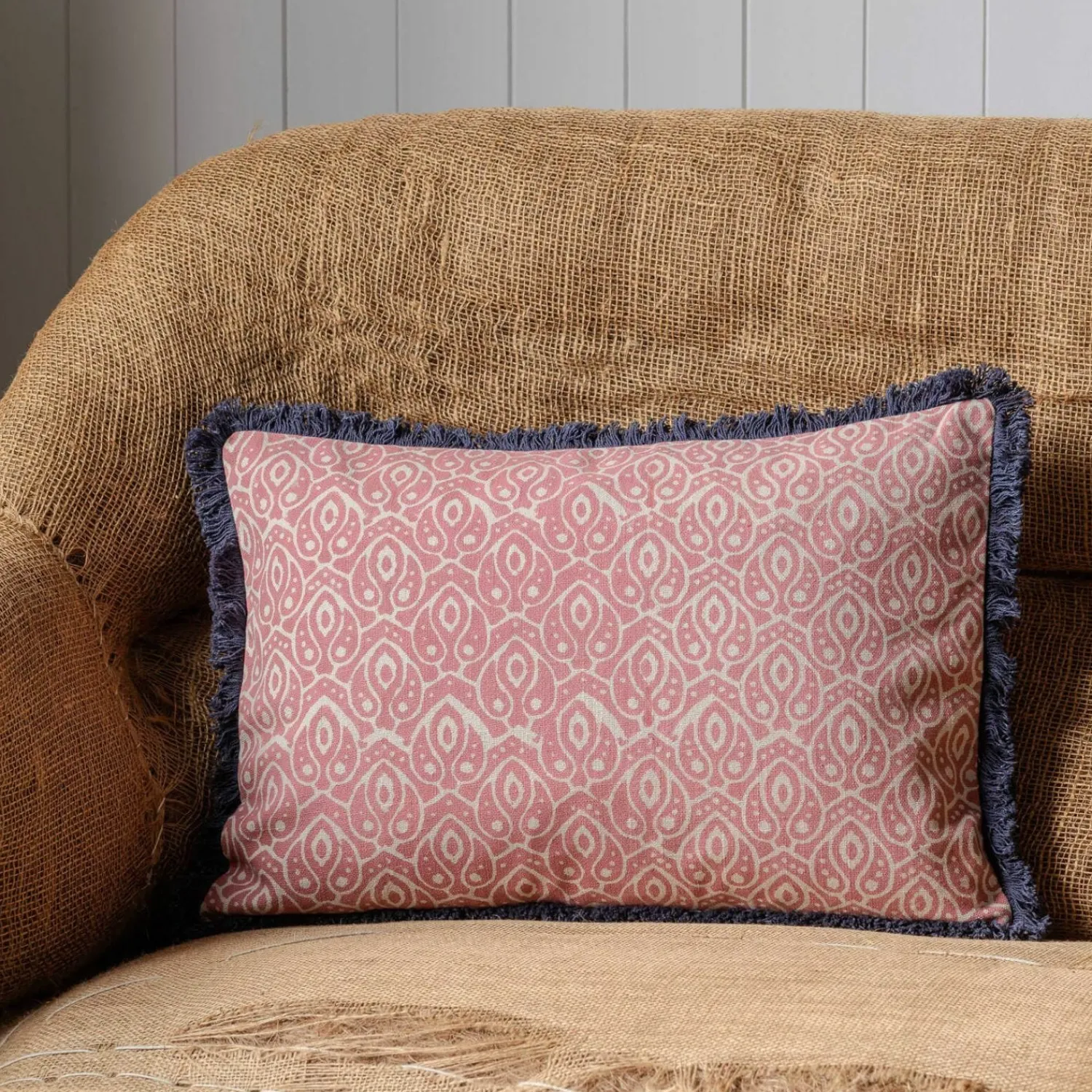 Graham & Green Cotton Block Printed Rectangular Cushions with tassel trim