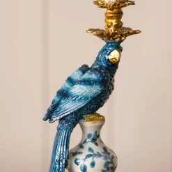 Graham & Green Delft Blue Ceramic Parrot Candle Holder