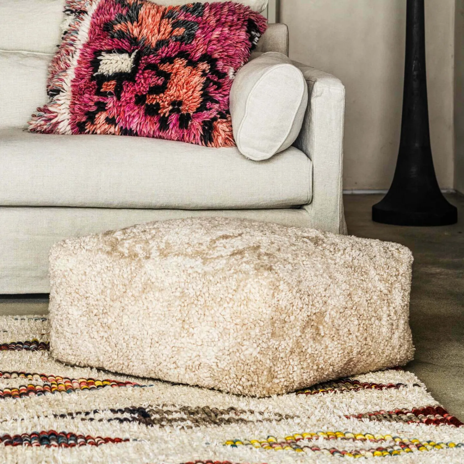 Graham & Green Eggshell Curly Sheepskin Pouffe