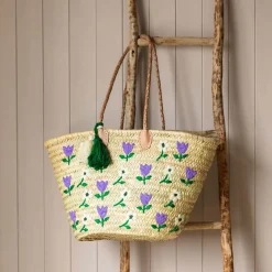 Graham & Green Flower Embroidered Basket Tote Bag