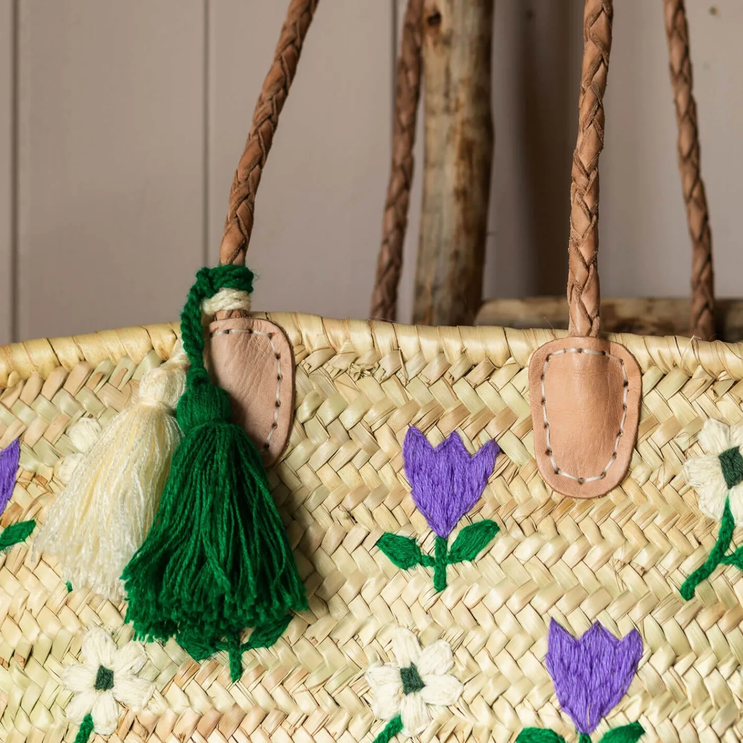 Graham & Green Flower Embroidered Basket Tote Bag