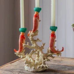 Graham & Green Goldfish on Coral Ceramic Candleabra