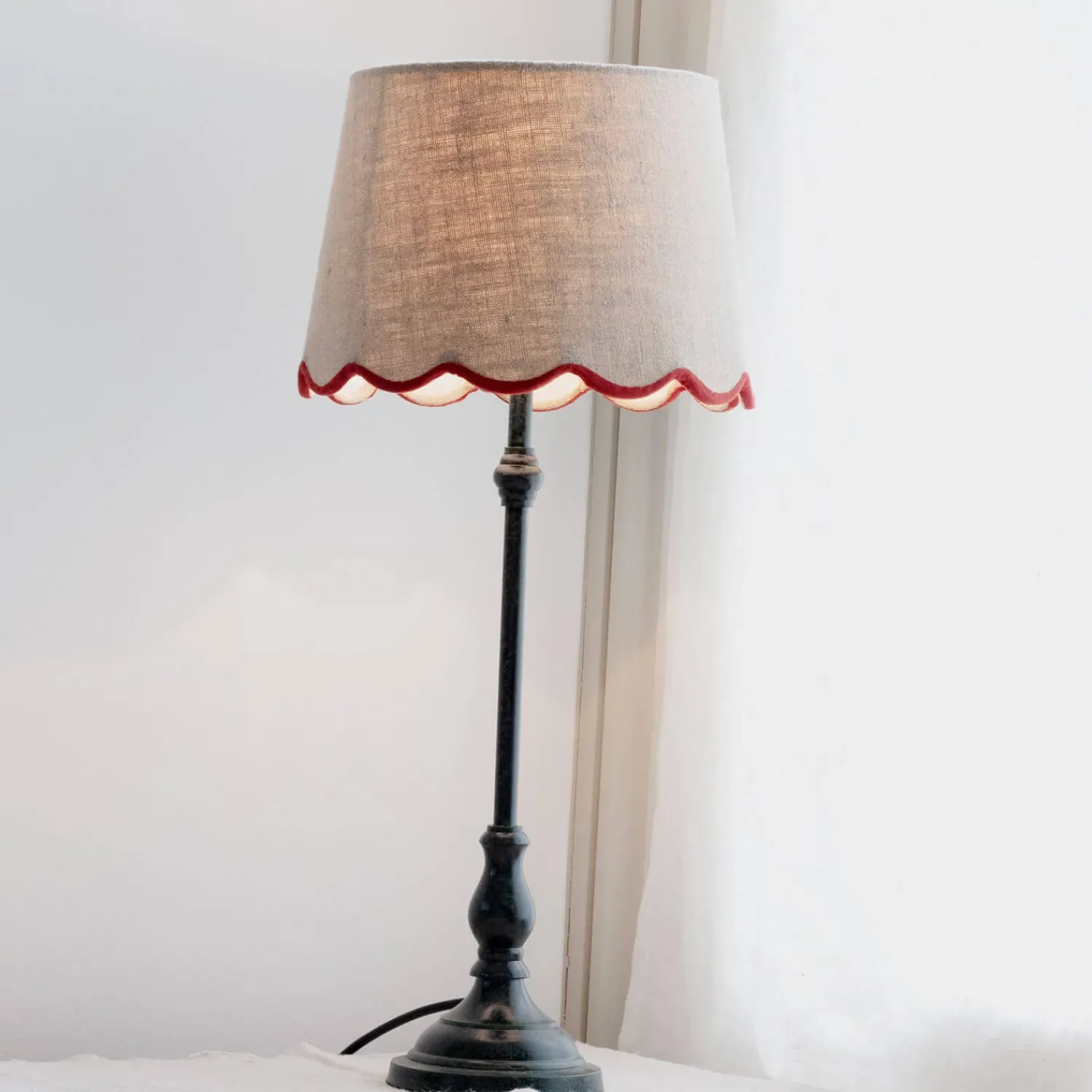 Graham & Green Iris Table Lamp with Red Scalloped Shade