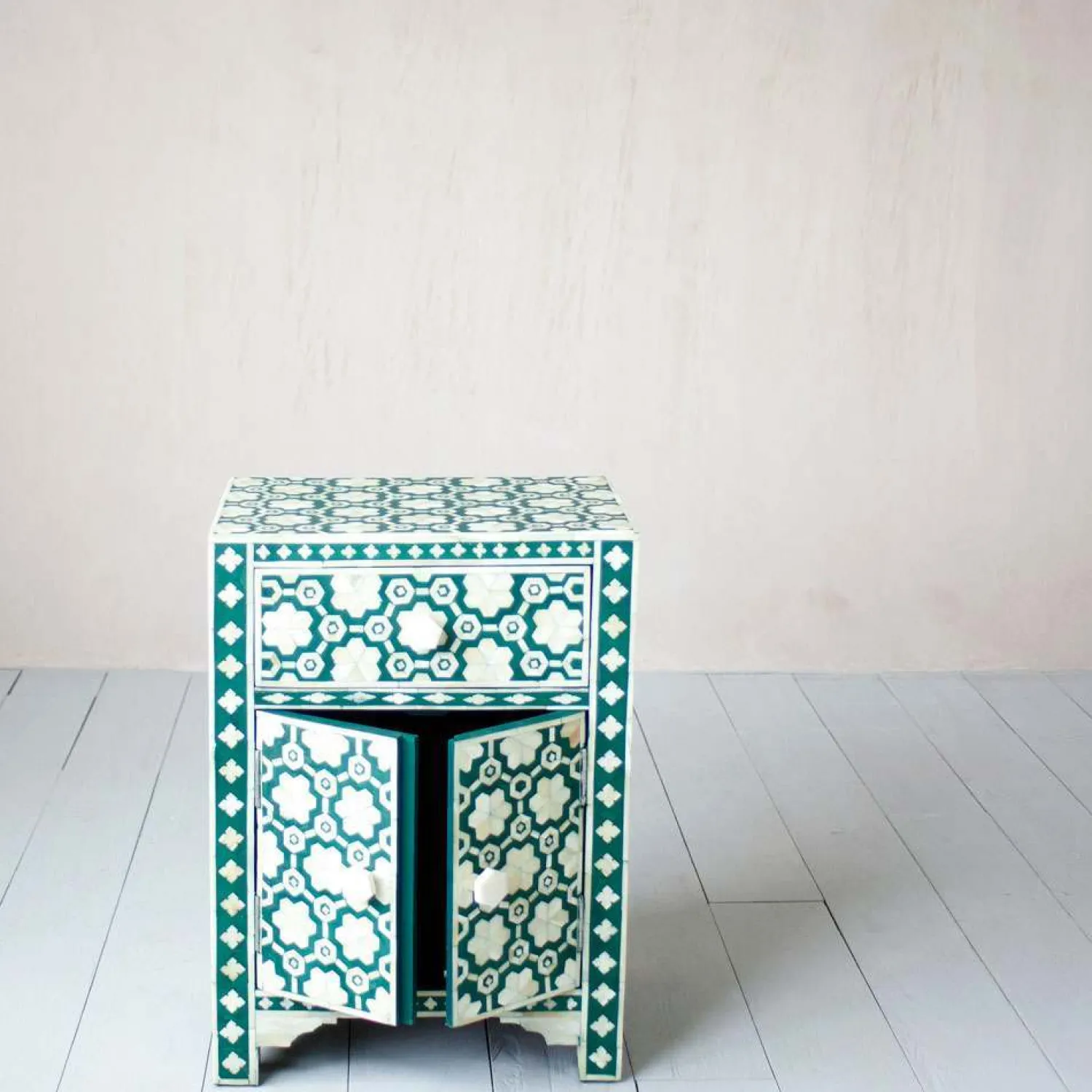 Graham & Green Jade Green Floral Bone Inlay Bedside Table