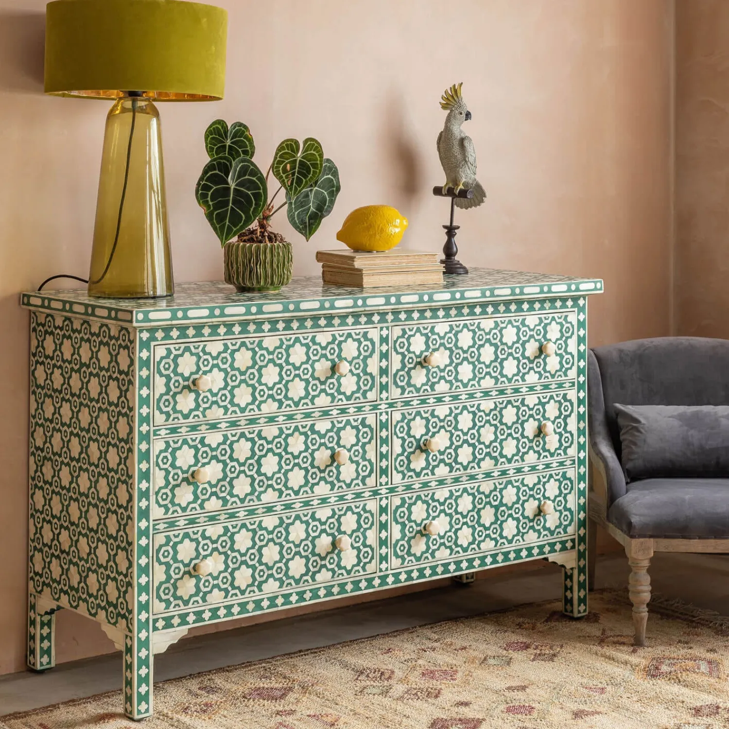 Graham & Green Jade Green Floral Bone Inlay Small Double Chest of Drawers
