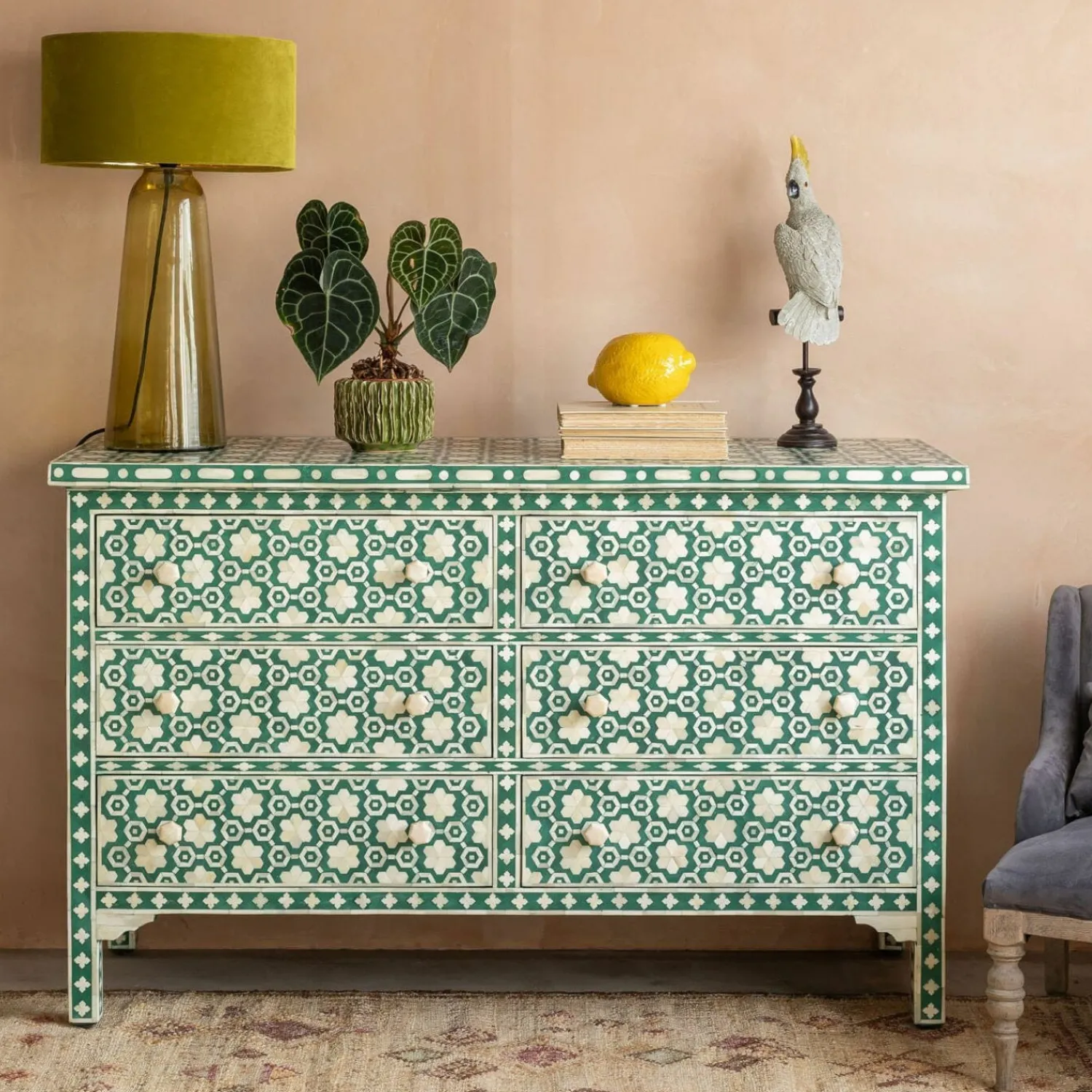 Graham & Green Jade Green Floral Bone Inlay Small Double Chest of Drawers