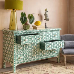 Graham & Green Jade Green Floral Bone Inlay Small Double Chest of Drawers