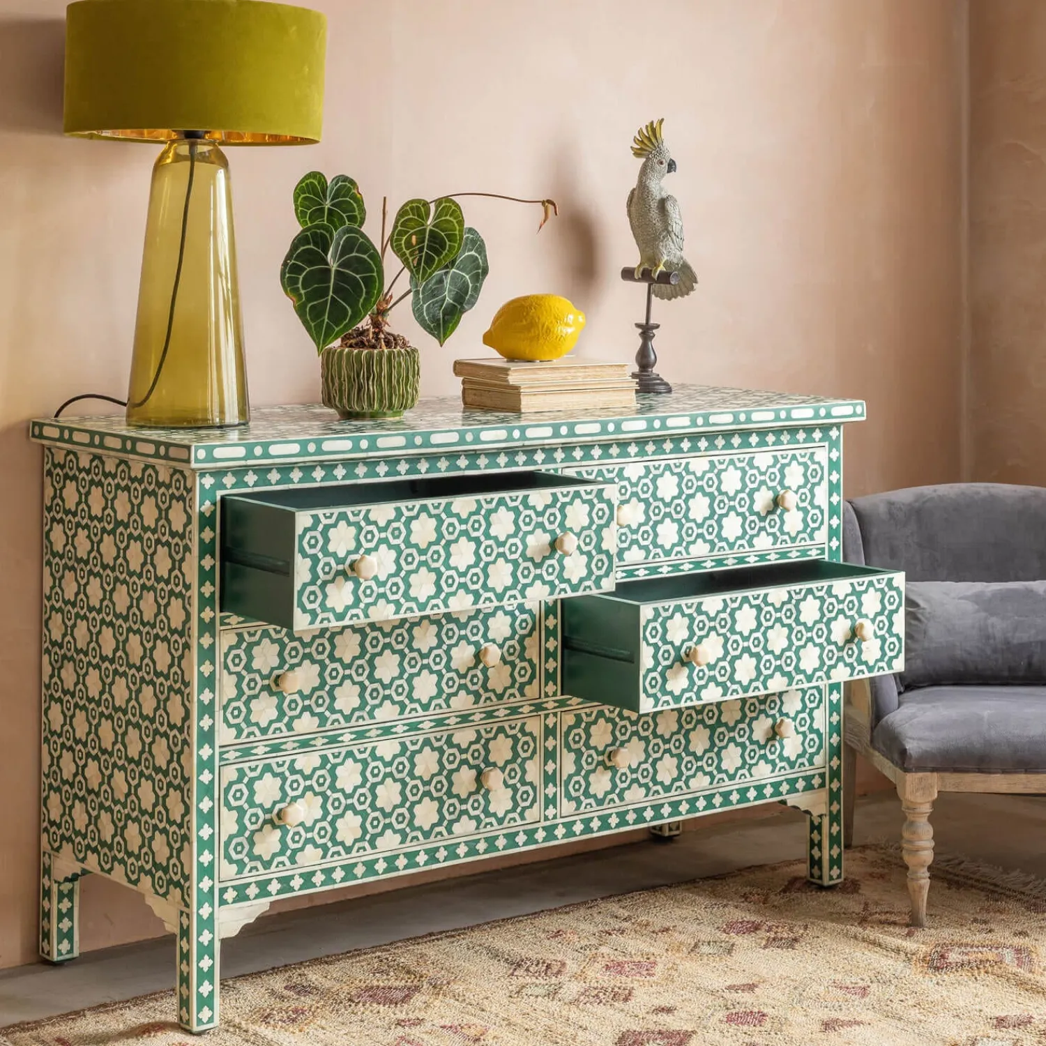 Graham & Green Jade Green Floral Bone Inlay Small Double Chest of Drawers