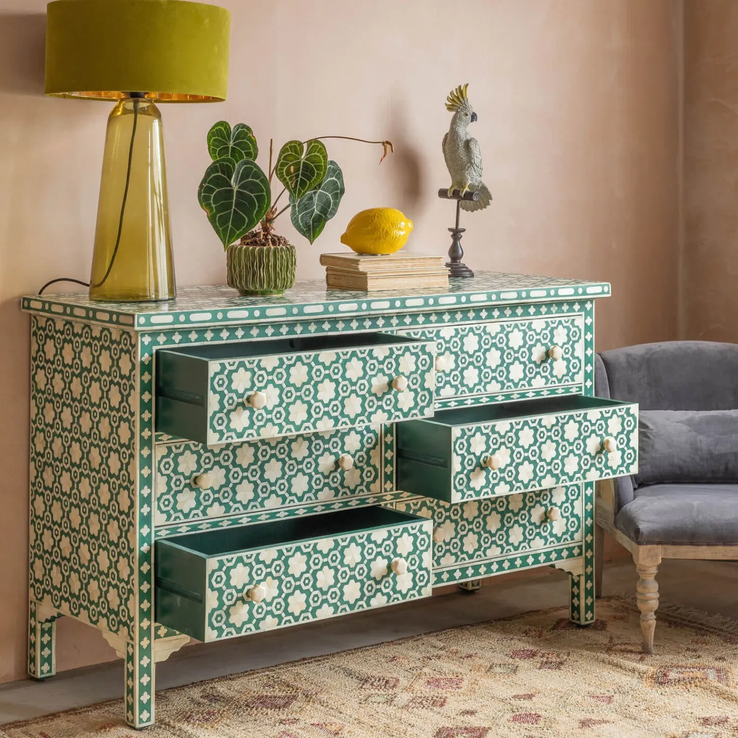 Graham & Green Jade Green Floral Bone Inlay Small Double Chest of Drawers