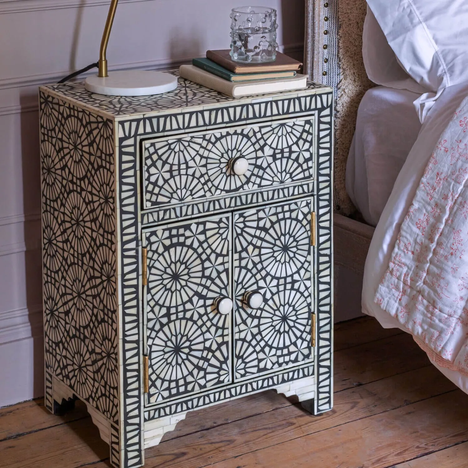 Graham & Green Kaleidoscope Bone Inlay Bedside Table