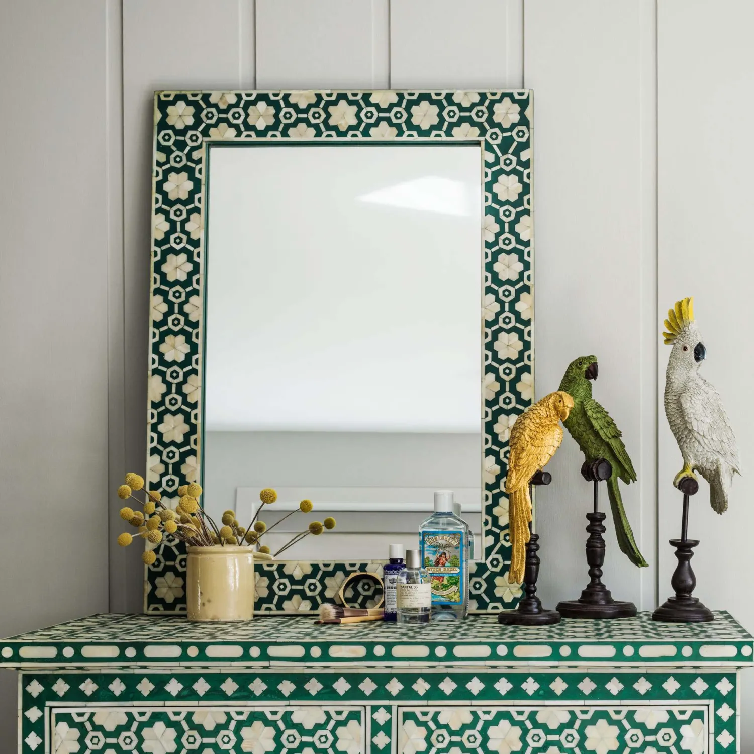 Graham & Green Large Jade Green Floral Bone Inlay Mirror