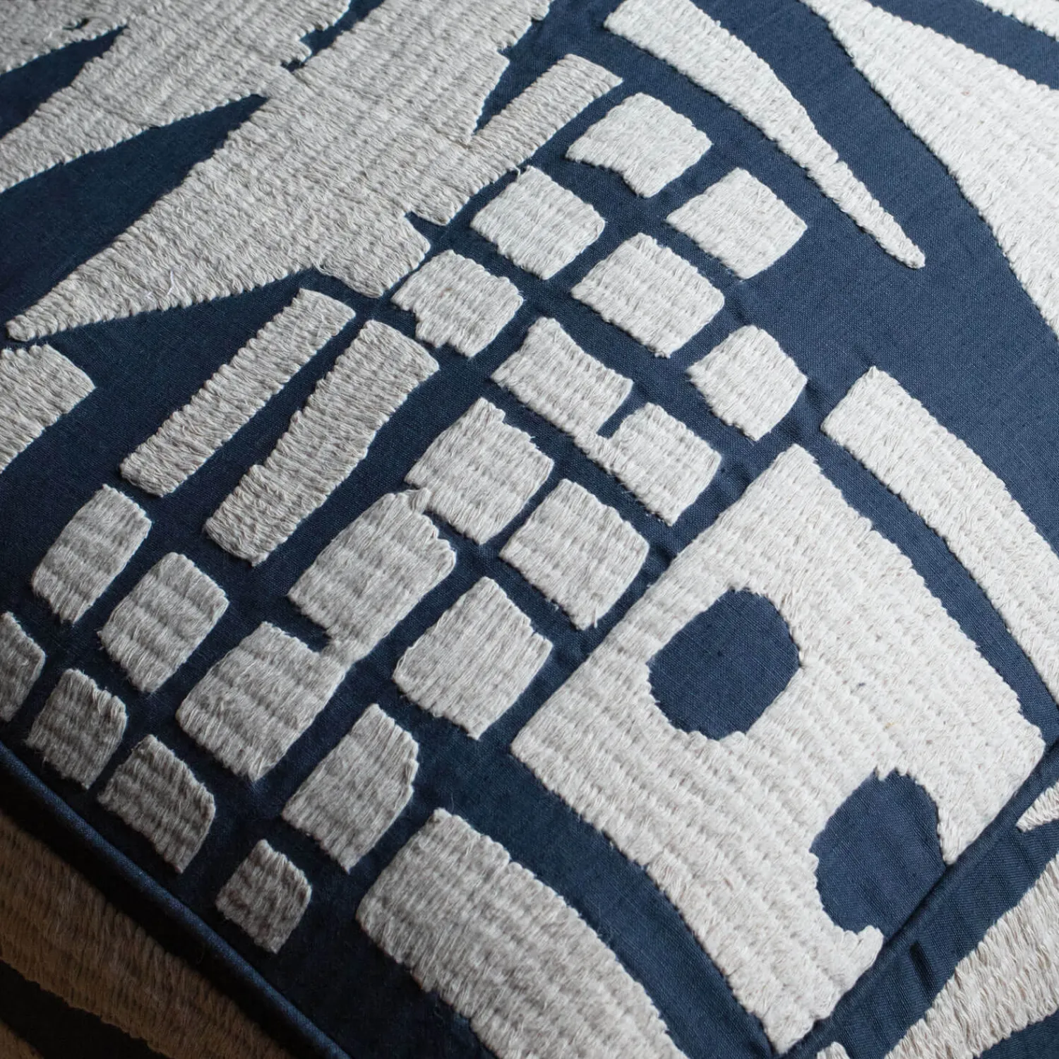 Graham & Green Lilou Abstract Navy Linen Pouffe