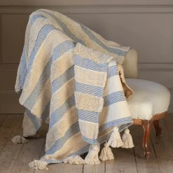 Graham & Green Misty Blue and White Striped Throw
