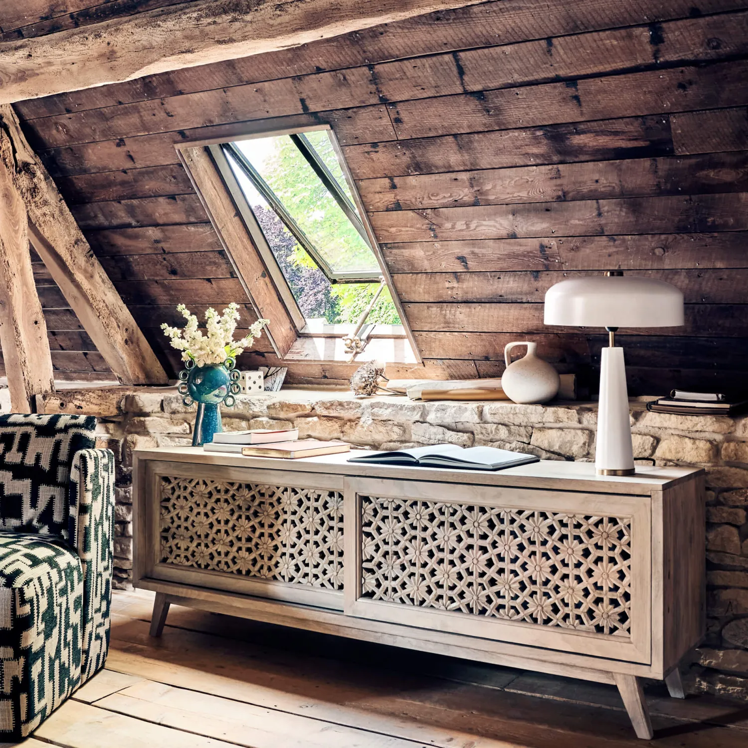 Graham & Green Momoka Hand-Carved Sideboard with Sliding Doors