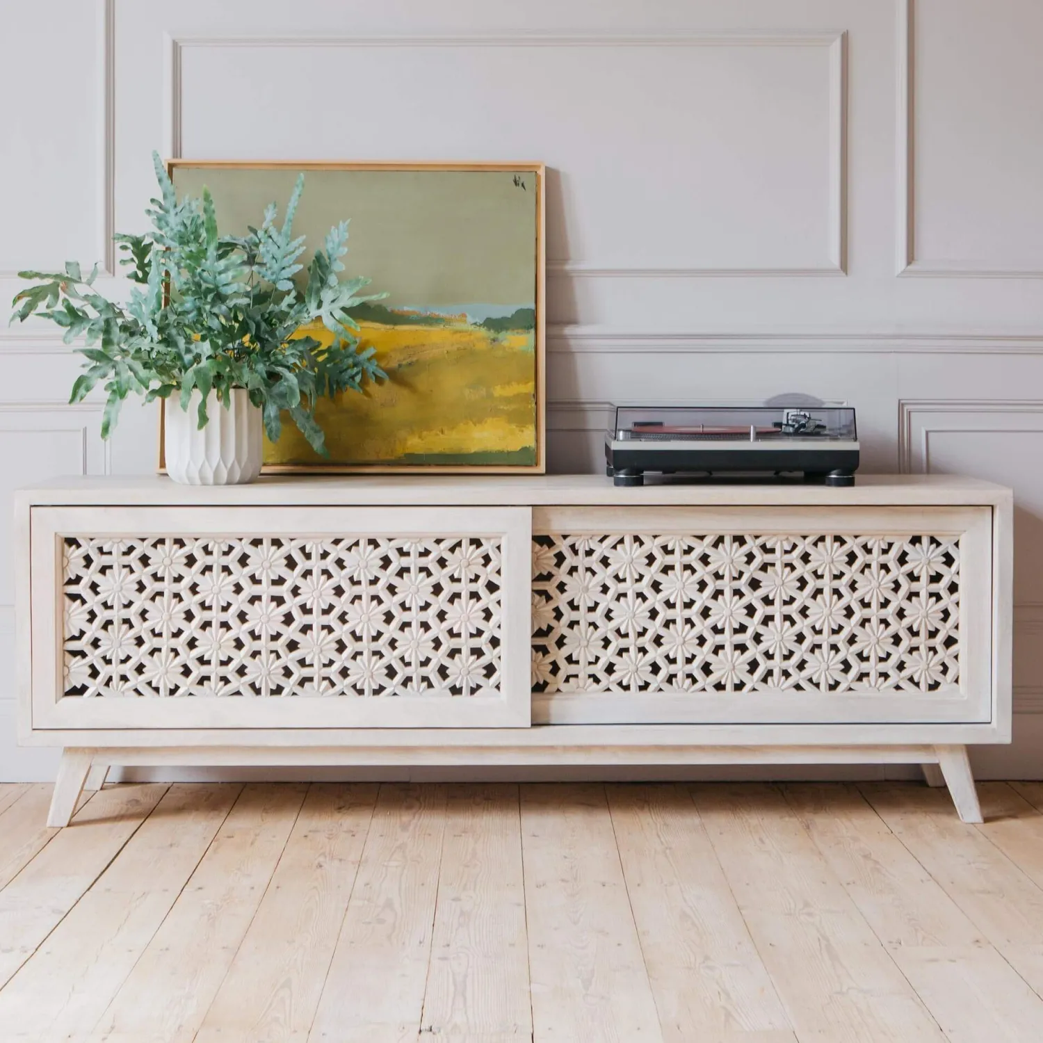 Graham & Green Momoka Hand-Carved Sideboard with Sliding Doors