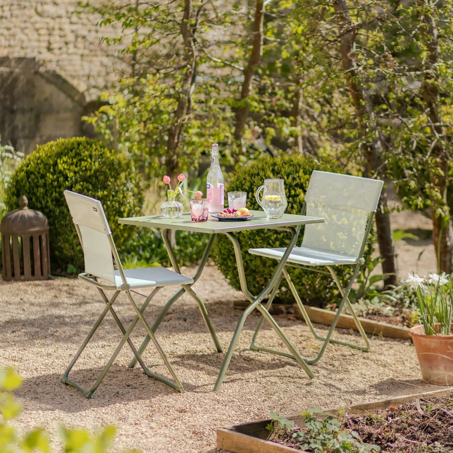 Graham & Green Moss Green Balcony Table and Two Chairs Set