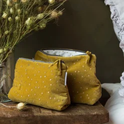 Graham & Green Mustard Dotty Velvet Wash Bags