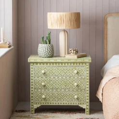 Graham & Green Olive Floral Bone Inlay Large Bedside Table