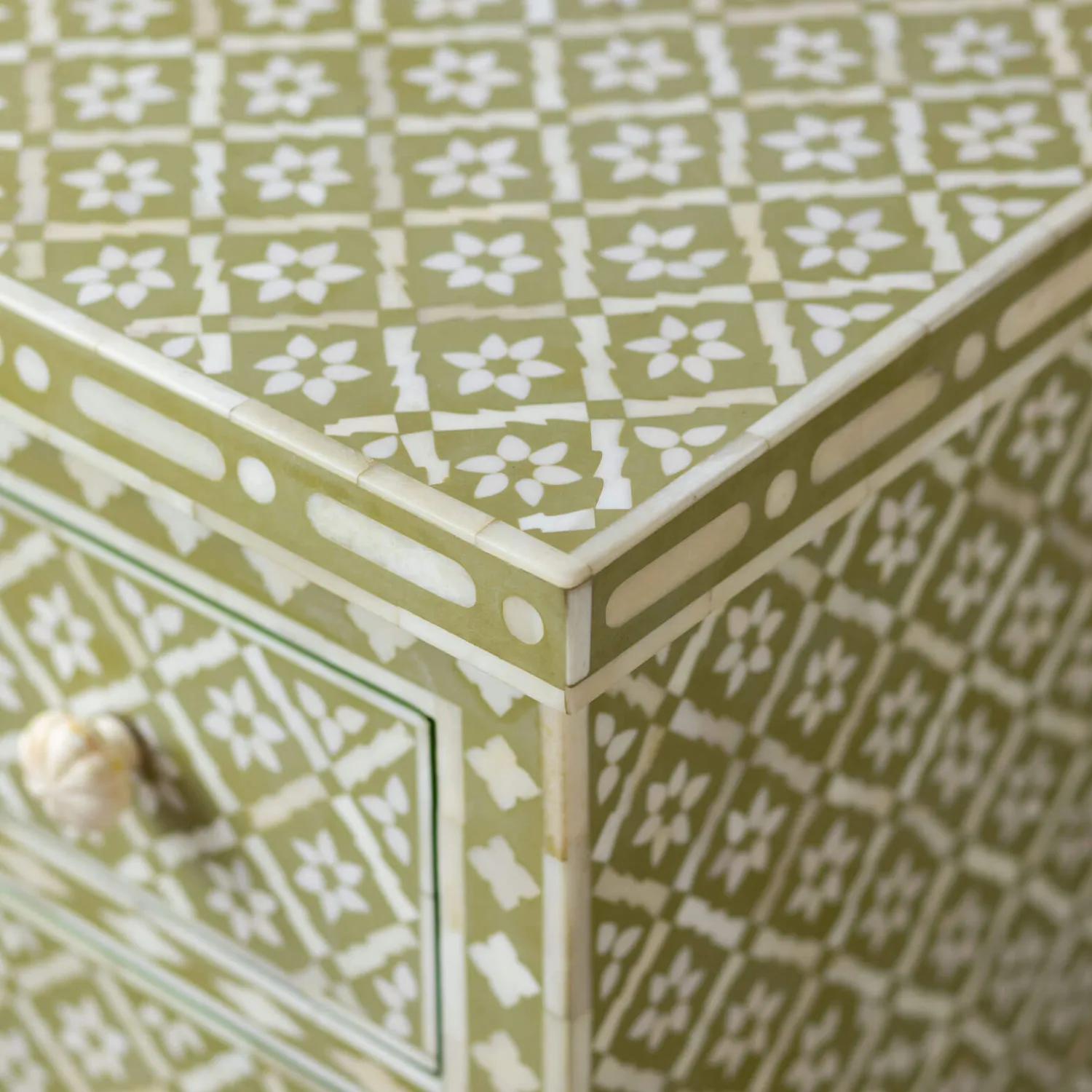 Graham & Green Olive Floral Bone Inlay Large Bedside Table