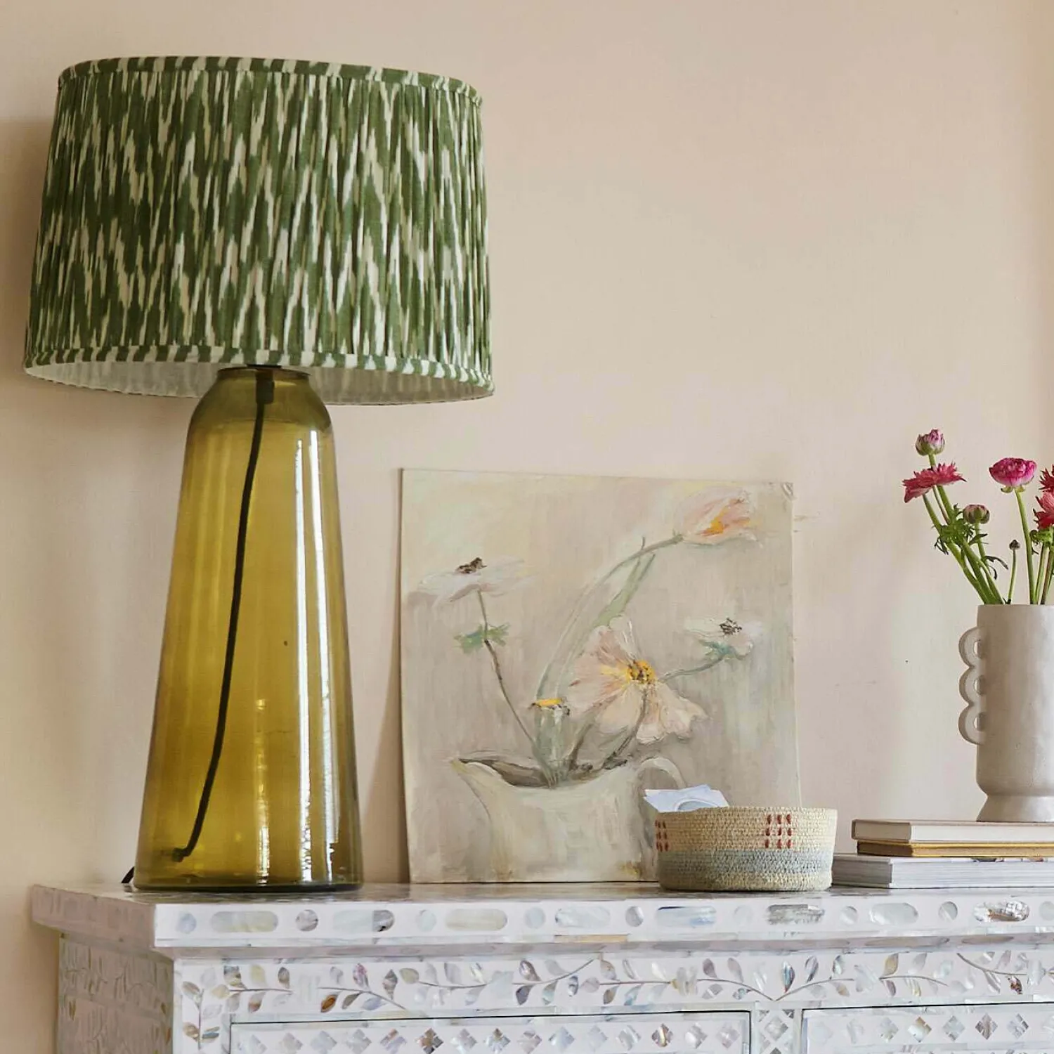 Graham & Green Olive Green Pleated Ikat Lamp Shades