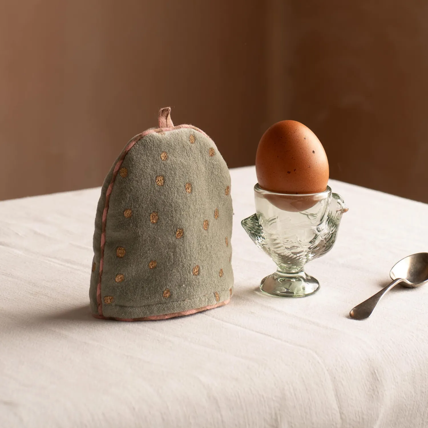 Graham & Green Pale Sage Velvet with Gold Dots Egg Cosy