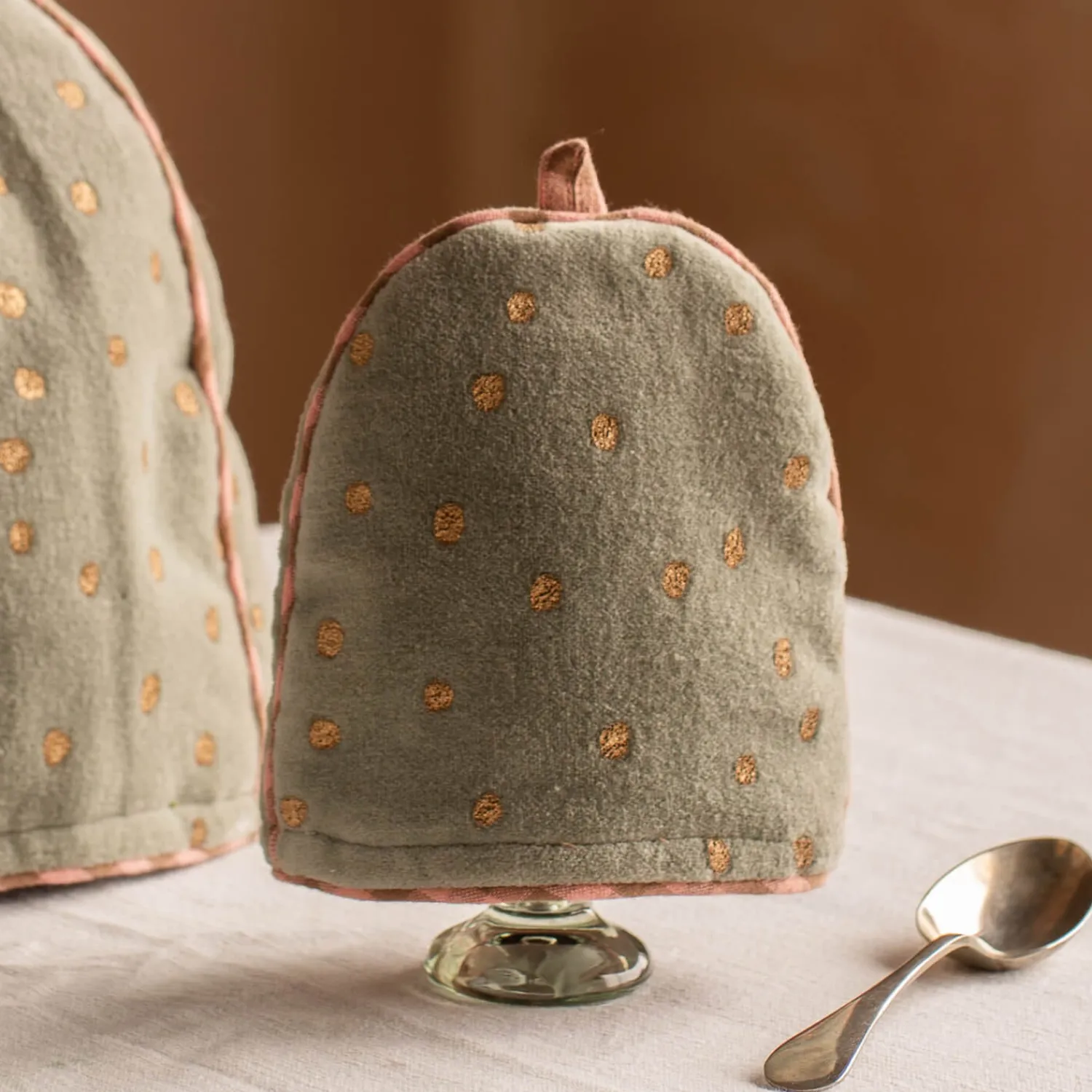 Graham & Green Pale Sage Velvet with Gold Dots Egg Cosy