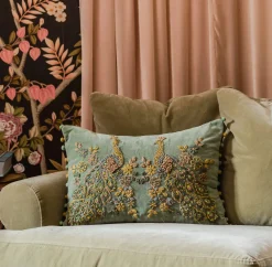 Graham & Green Peacock Embroidered Velvet Rectangular Cushion