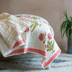 Graham & Green Pink Pavot Flower Block Printed King Size Quilt