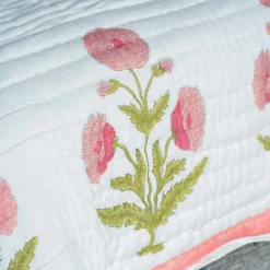 Graham & Green Pink Pavot Flower Block Printed King Size Quilt