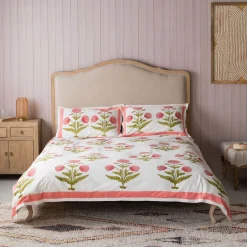 Graham & Green Pink Pavot Flower Block Printed King Size Duvet Cover Set