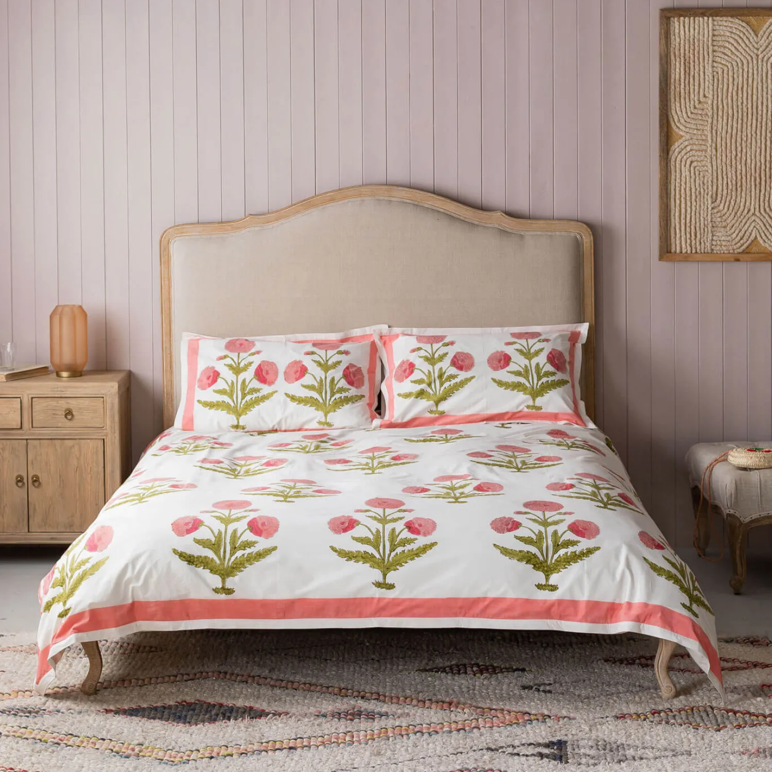 Graham & Green Pink Pavot Flower Block Printed King Size Duvet Cover Set