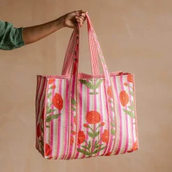 Graham & Green Pink Stripe and Floral Cotton Tote Bag