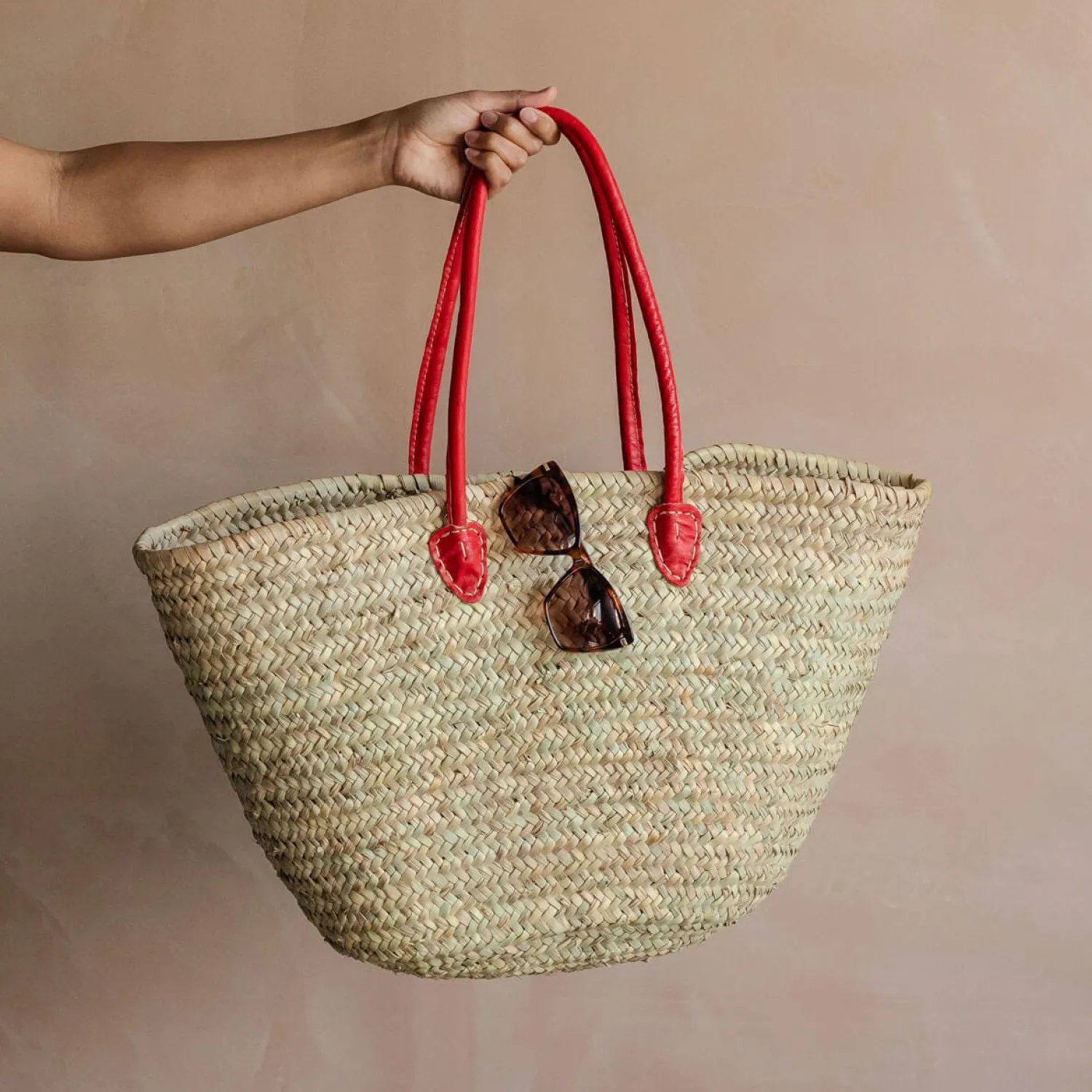 Graham & Green Red Leather and Natural Woven Palm Shopper Bag