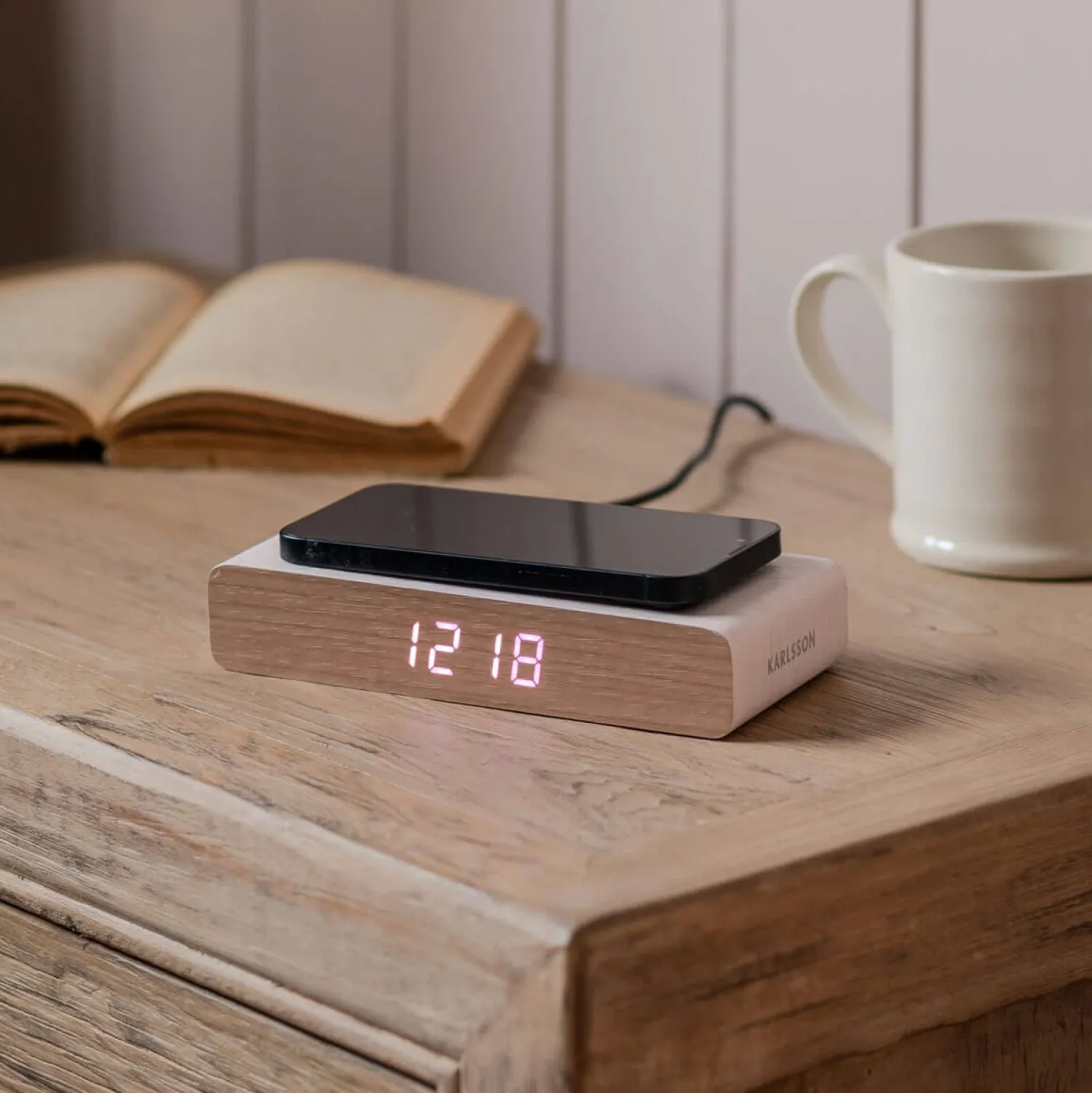 Graham & Green Retro White LED Alarm Clock Phone Charger