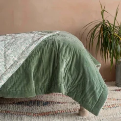 Graham & Green Sage Green Velvet Quilts with Printed Reverse